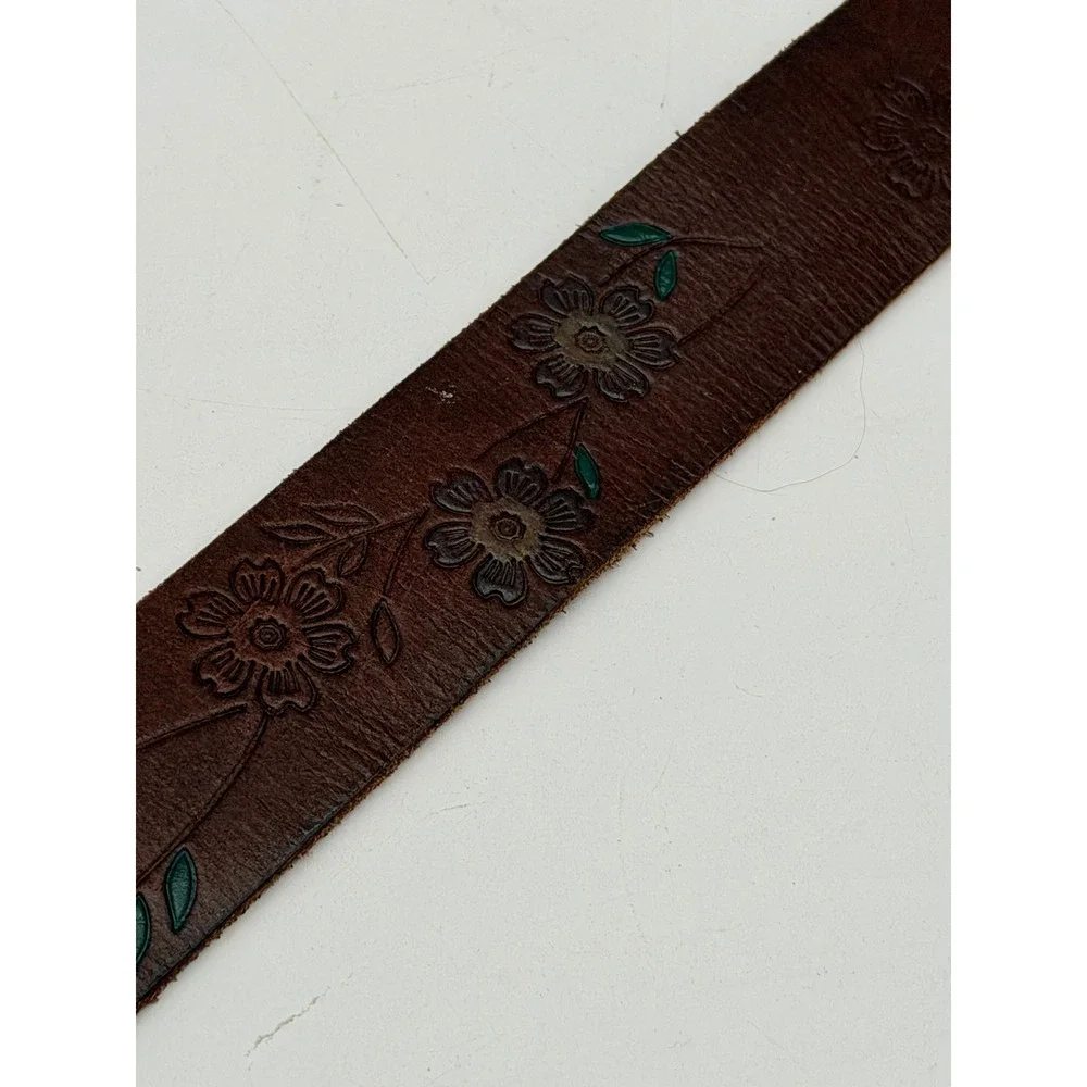Brown Leather Floral Embossed Belt Silver Tone Buckle Western Boho Hand Painted